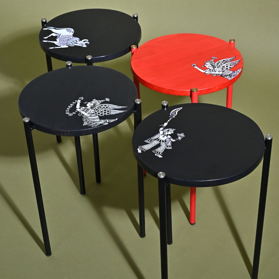 Mata Ni Pachedi Handpainted Wood Metal Stool